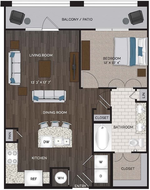Floor plan for 1 bed, 1 bath, 825 sqft